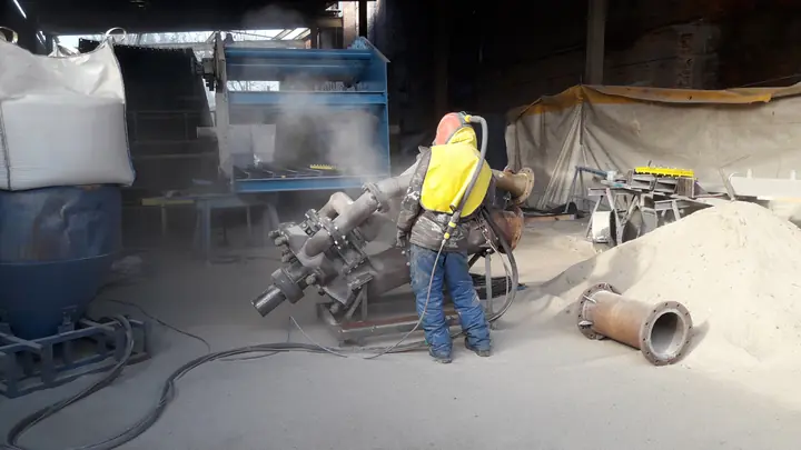 Sandstrahlen eines Stahlbauteils